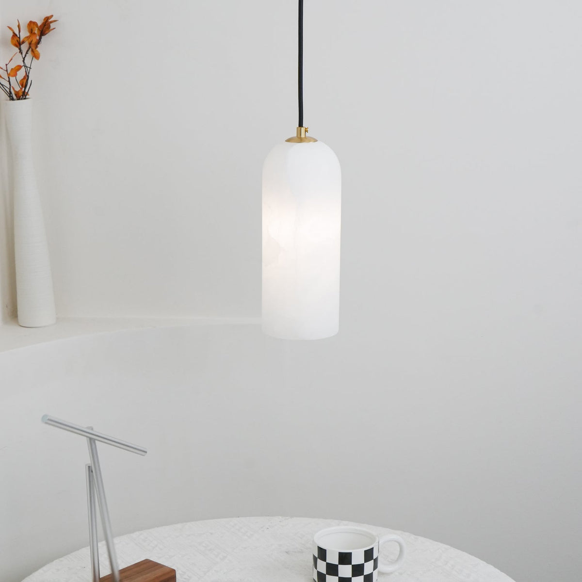 Monty Alabaster Pendant Light in Brass with Braided Cord