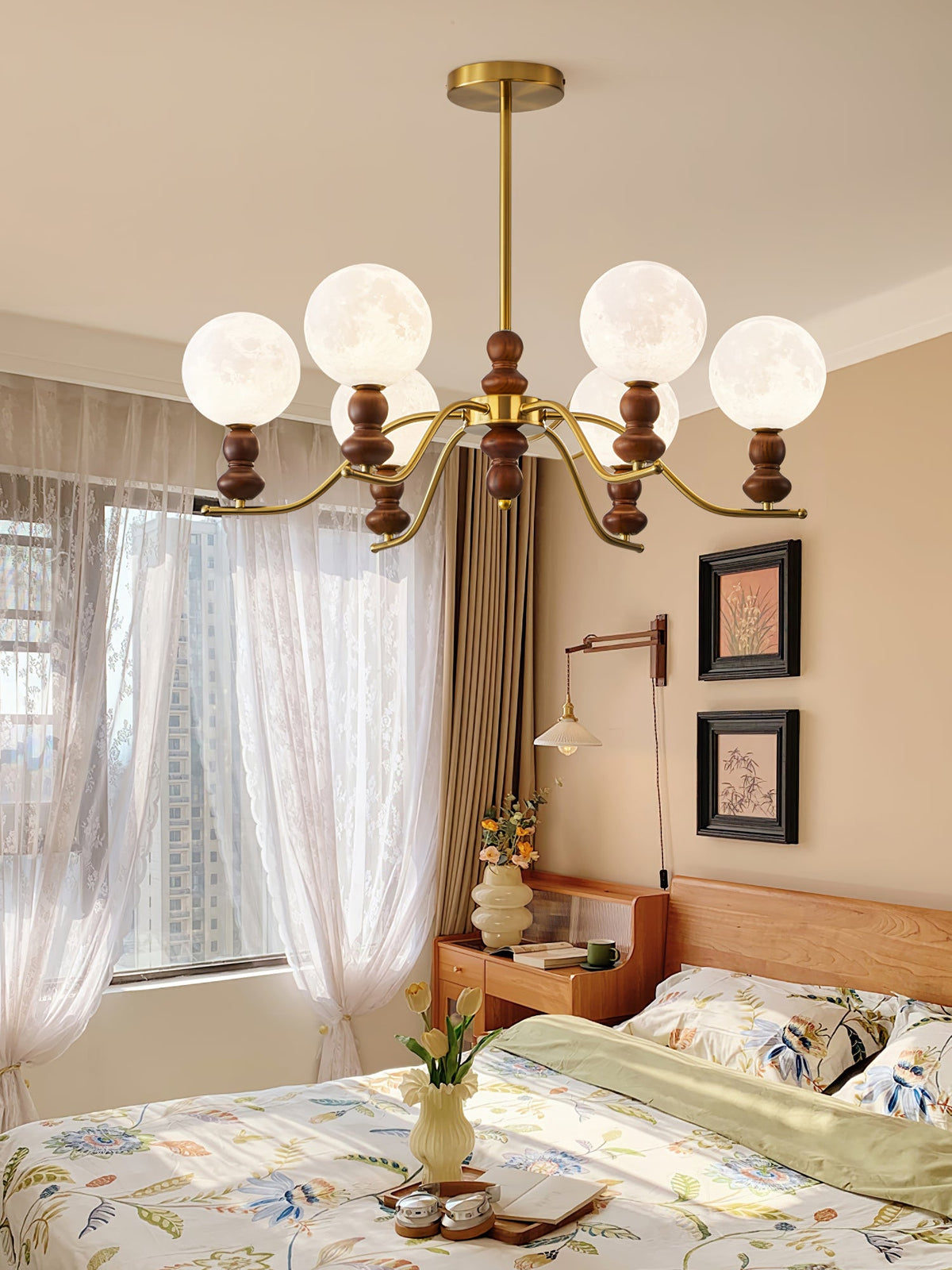 Moonlit Globe Chandelier – Modern Wood & Gold Pendant Light for Dining Room and Living Room