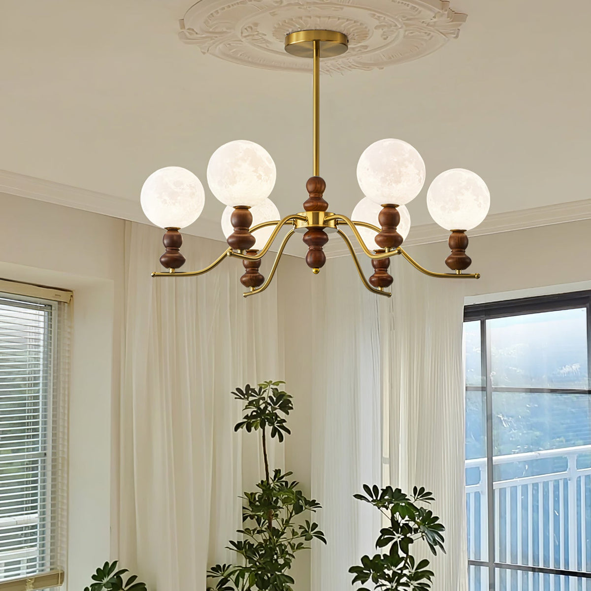 Moonlit Globe Chandelier – Modern Wood & Gold Pendant Light for Dining Room and Living Room