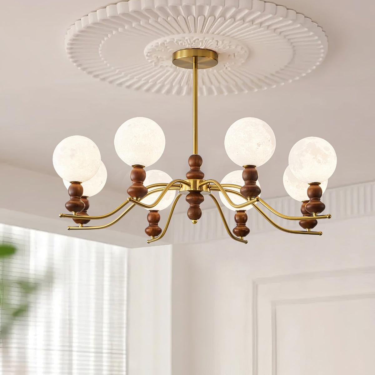 Moonlit Globe Chandelier – Modern Wood & Gold Pendant Light for Dining Room and Living Room