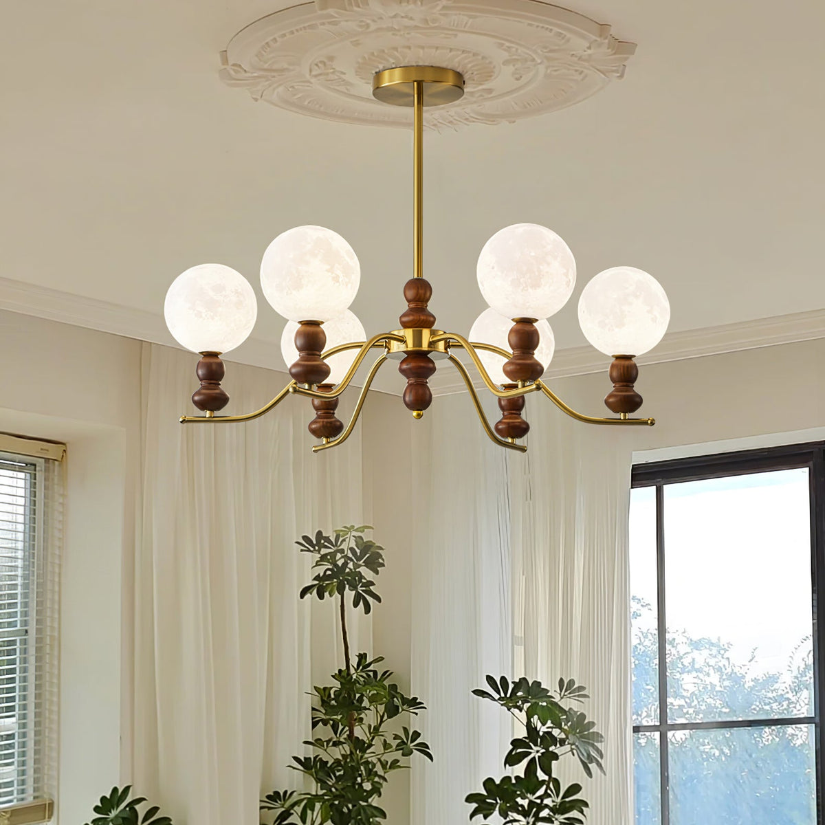 Moonlit Globe Chandelier – Modern Wood & Gold Pendant Light for Dining Room and Living Room