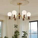 Moonlit Globe Chandelier – Modern Wood & Gold Pendant Light for Dining Room and Living Room