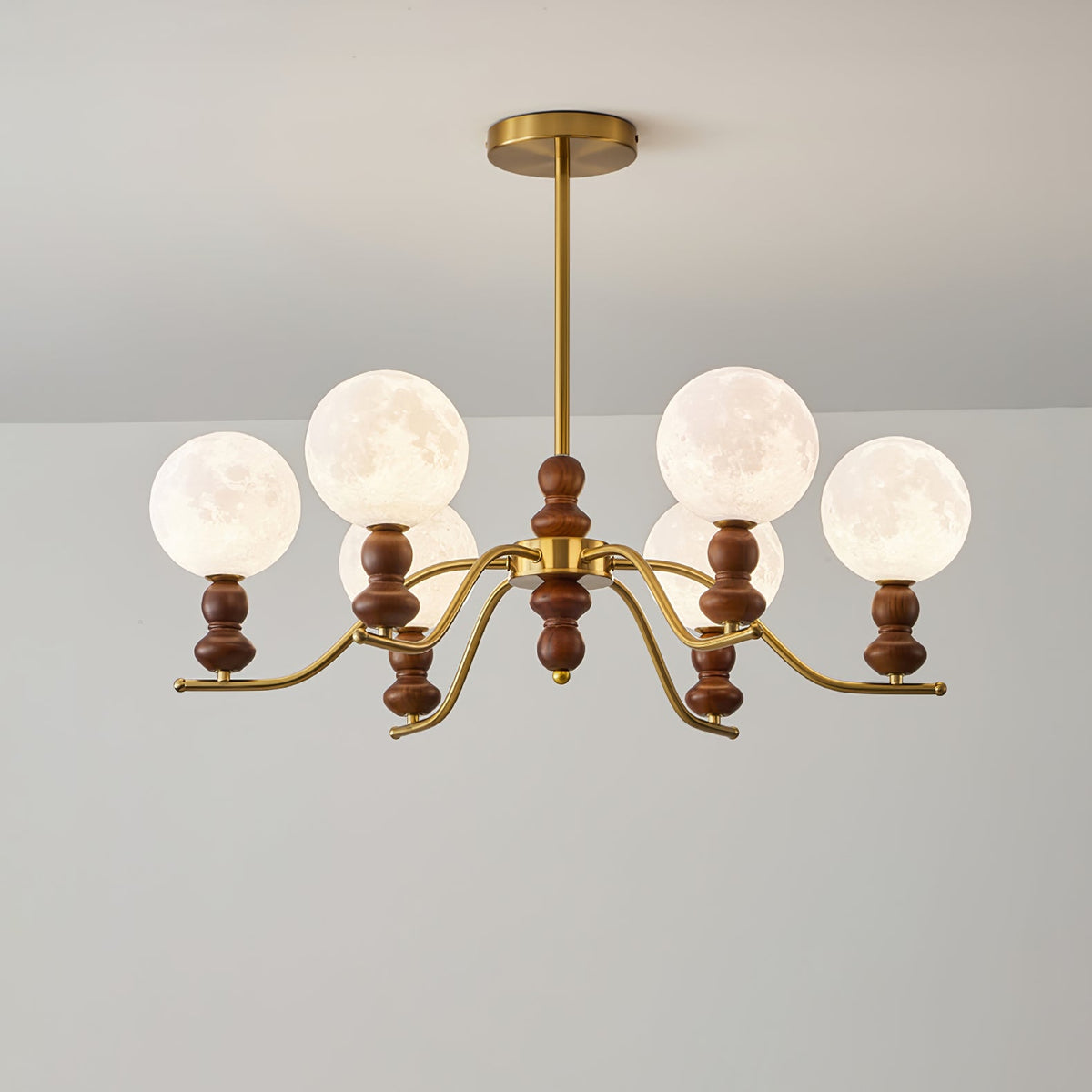 Moonlit Globe Chandelier – Modern Wood & Gold Pendant Light for Dining Room and Living Room