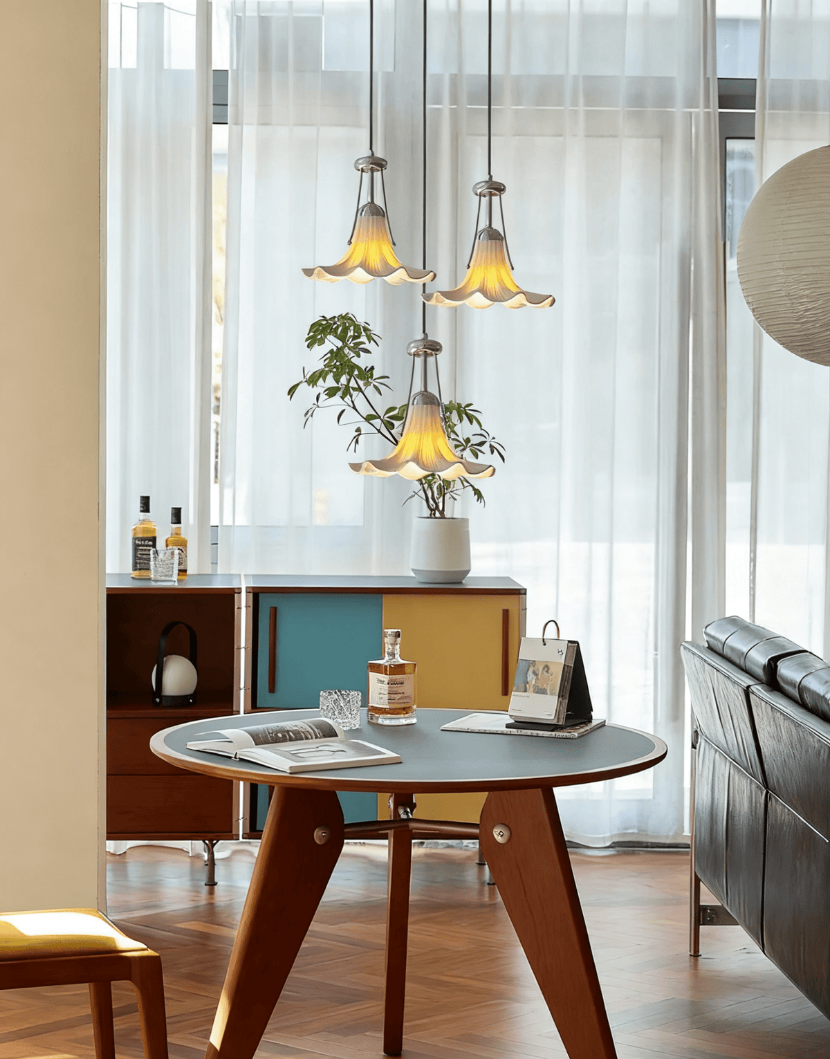 Mugena Floral Glass Pendant Light in Chrome for Dining and Living Spaces