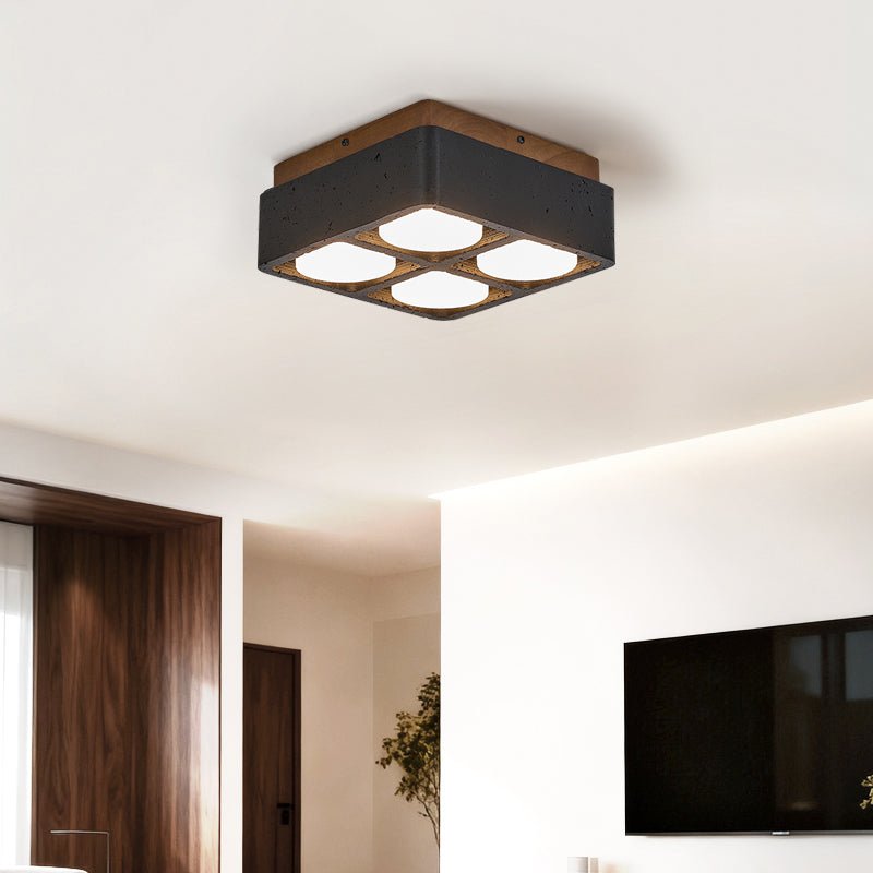 Sky Hole Black Travertine & Walnut Flush Mount Ceiling Light
