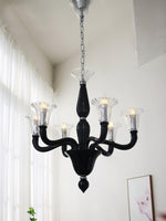 Black Iron Candle Chandelier with Clear Glass Shades for Dining Room and Living Room