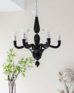 Black Iron Candle Chandelier with Clear Glass Shades for Dining Room and Living Room