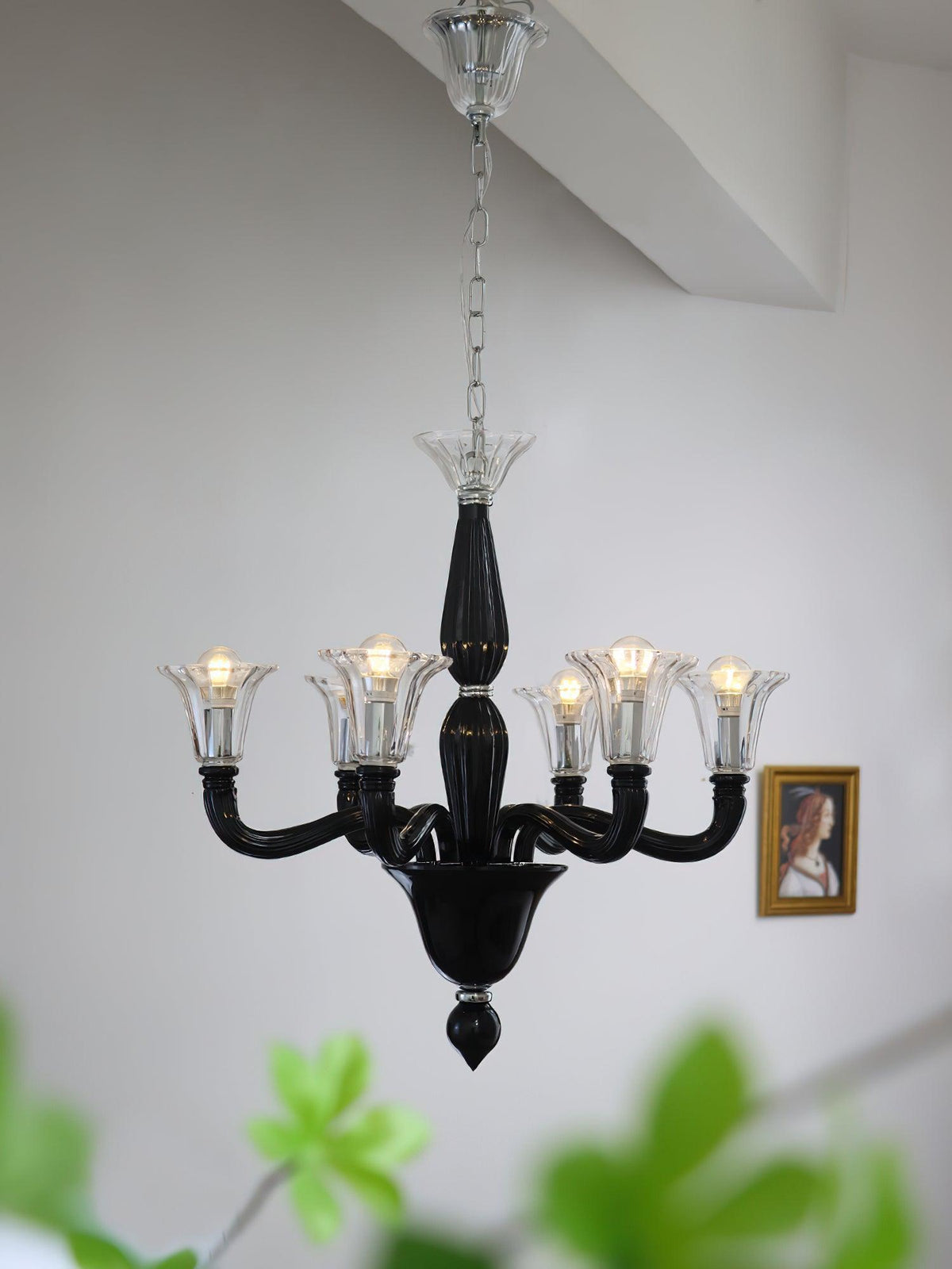 Black Iron Candle Chandelier with Clear Glass Shades for Dining Room and Living Room