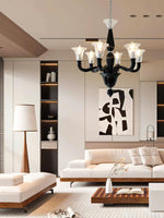 Black Iron Candle Chandelier with Clear Glass Shades for Dining Room and Living Room