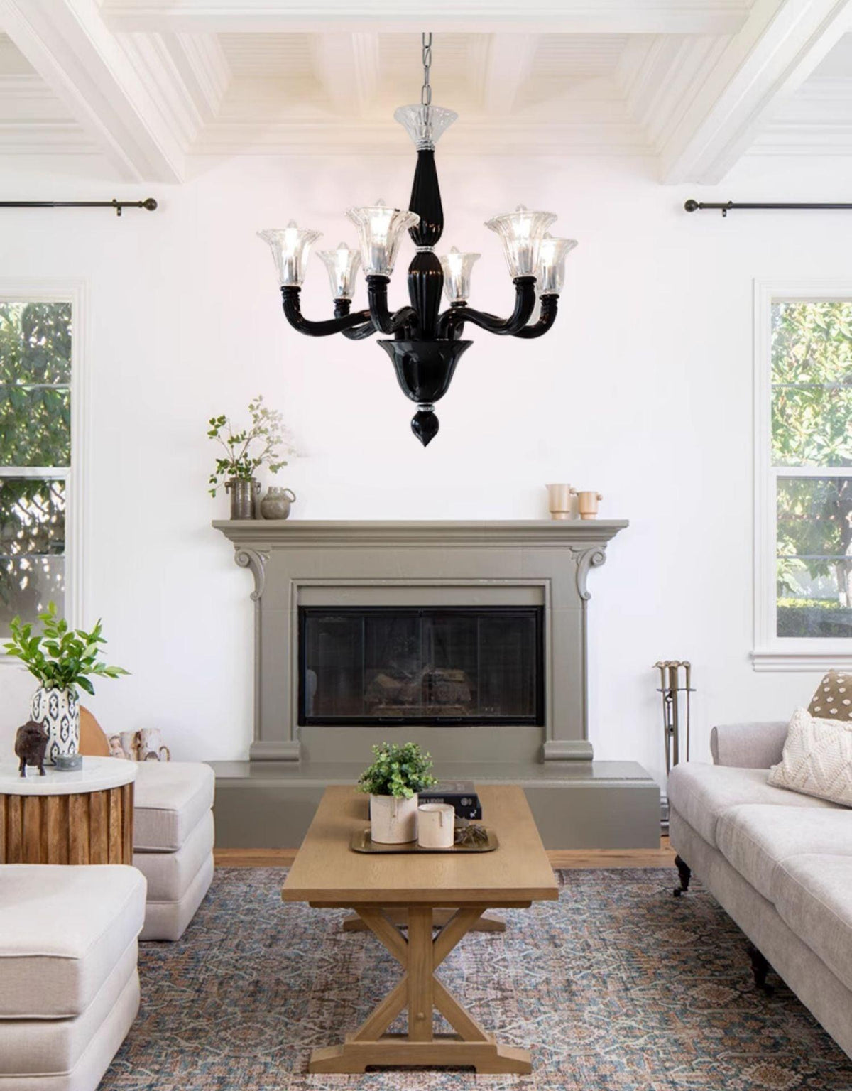 Black Iron Candle Chandelier with Clear Glass Shades for Dining Room and Living Room