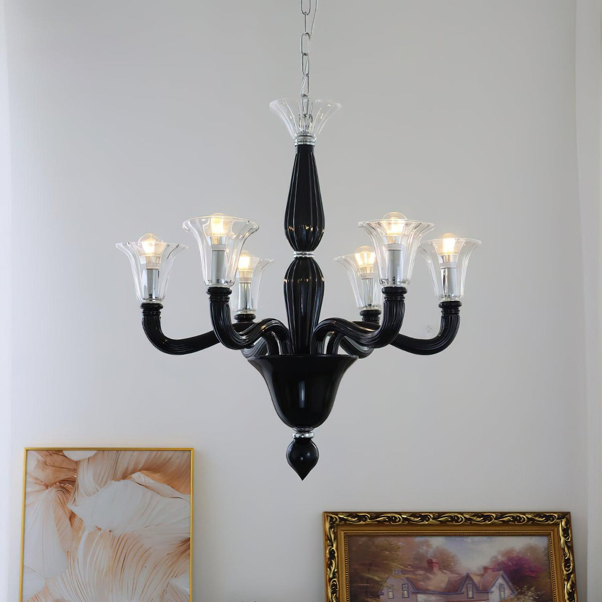 Black Iron Candle Chandelier with Clear Glass Shades for Dining Room and Living Room