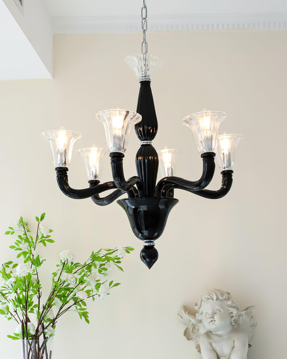 Black Iron Candle Chandelier with Clear Glass Shades for Dining Room and Living Room