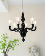 Black Iron Candle Chandelier with Clear Glass Shades for Dining Room and Living Room