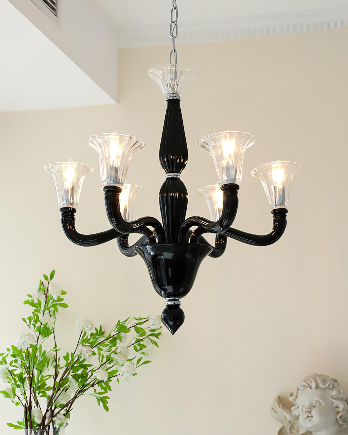 Black Iron Candle Chandelier with Clear Glass Shades for Dining Room and Living Room