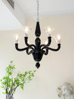 Black Iron Candle Chandelier with Clear Glass Shades for Dining Room and Living Room
