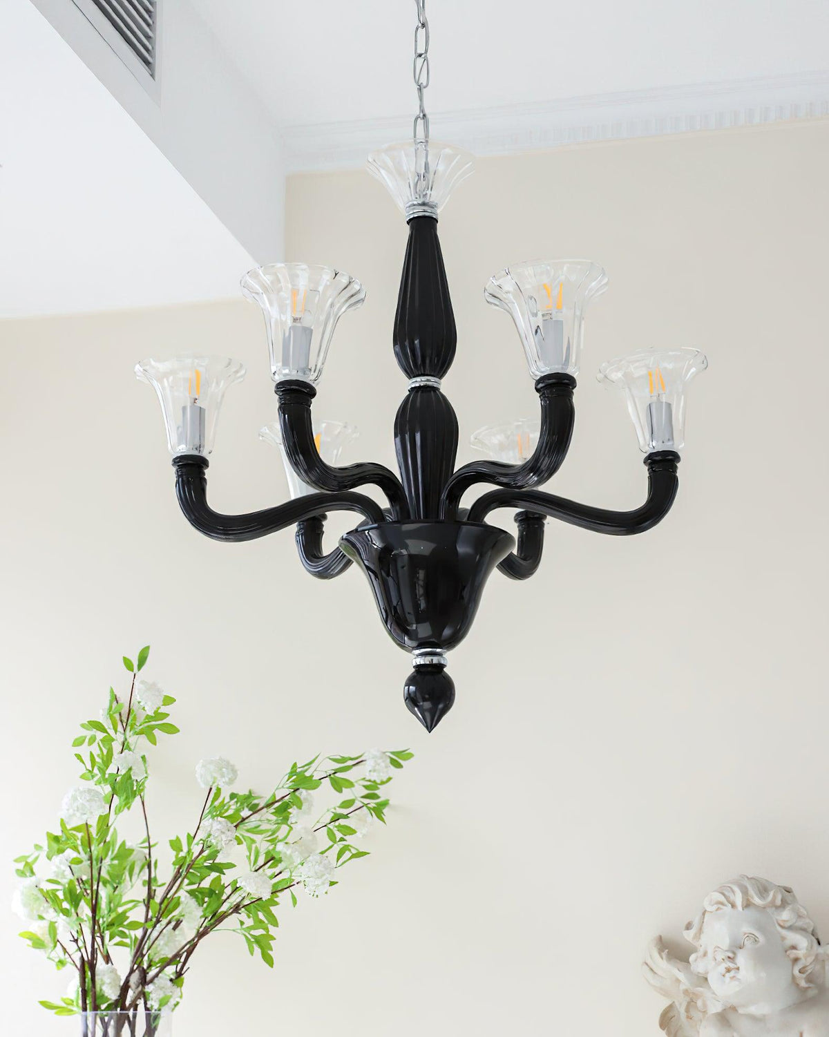 Black Iron Candle Chandelier with Clear Glass Shades for Dining Room and Living Room