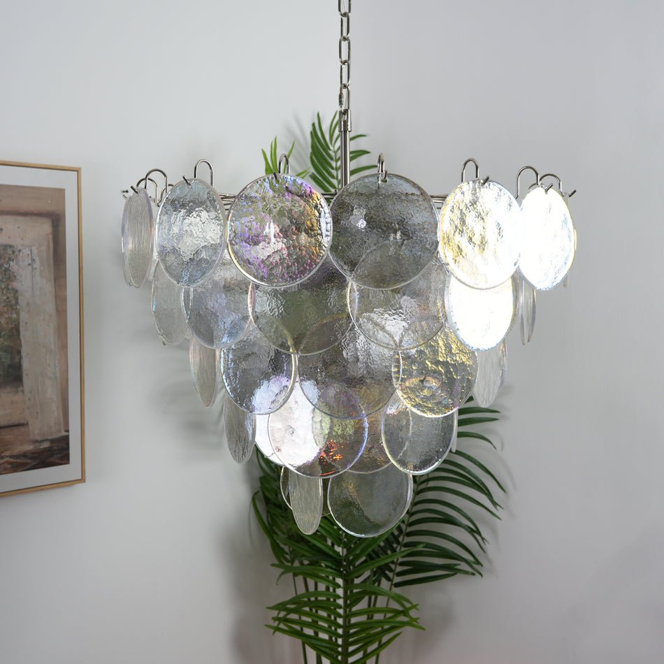 Iridescent Glass Disc Chandelier – Modern Pendant Light for Dining Room and Living Room