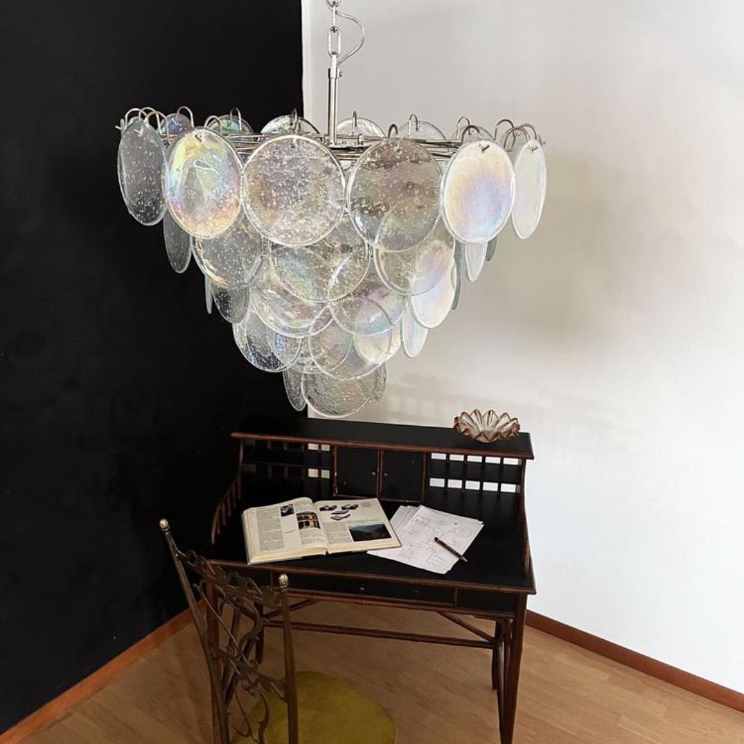 Iridescent Glass Disc Chandelier – Modern Pendant Light for Dining Room and Living Room