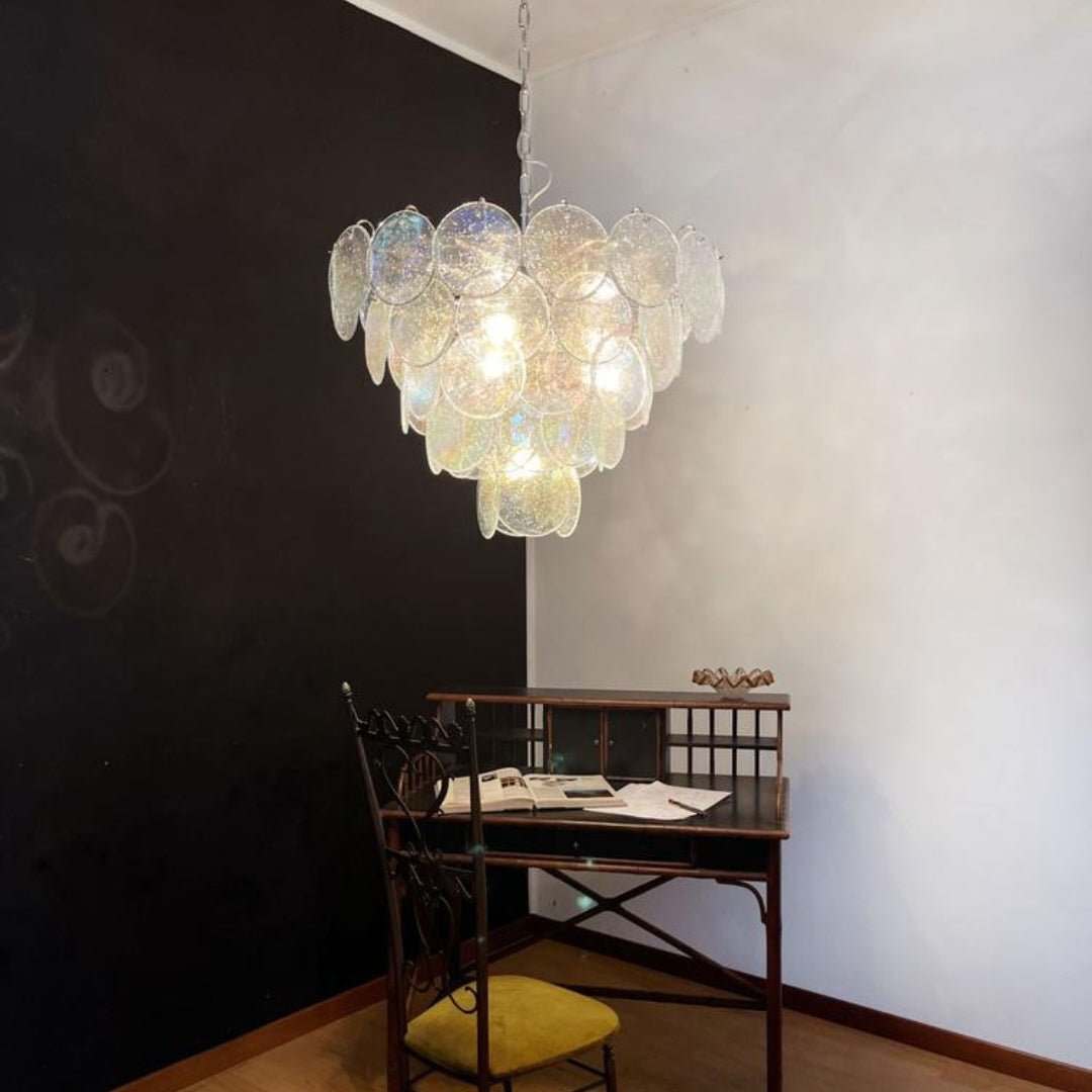 Iridescent Glass Disc Chandelier – Modern Pendant Light for Dining Room and Living Room
