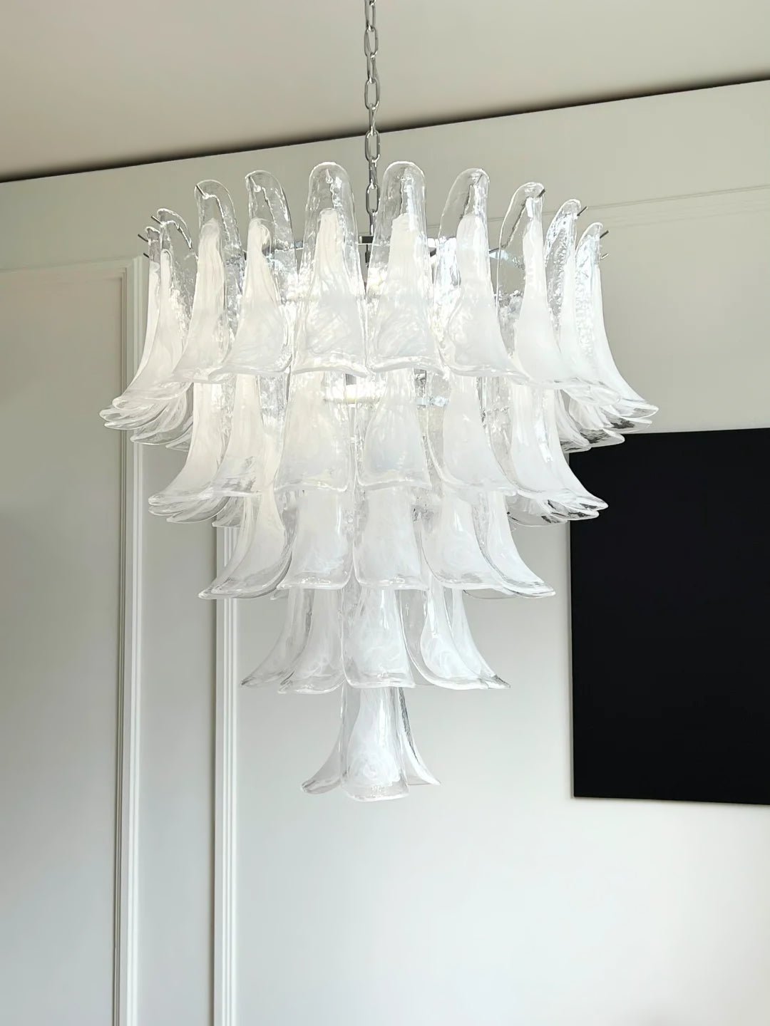 White Glass Petals Chandelier – Modern Designer Pendant Light for Dining Room and Living Room