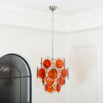 Modern Orange Glass Disc Chandelier with Nickel Frame