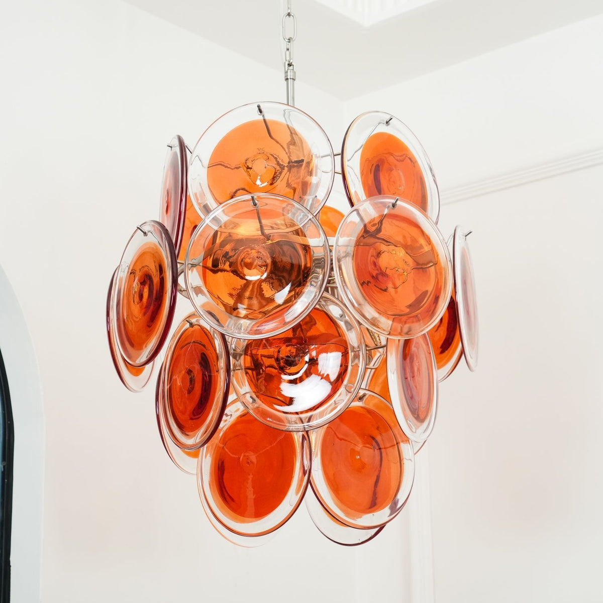 Modern Orange Glass Disc Chandelier with Nickel Frame