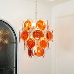 Modern Orange Glass Disc Chandelier with Nickel Frame