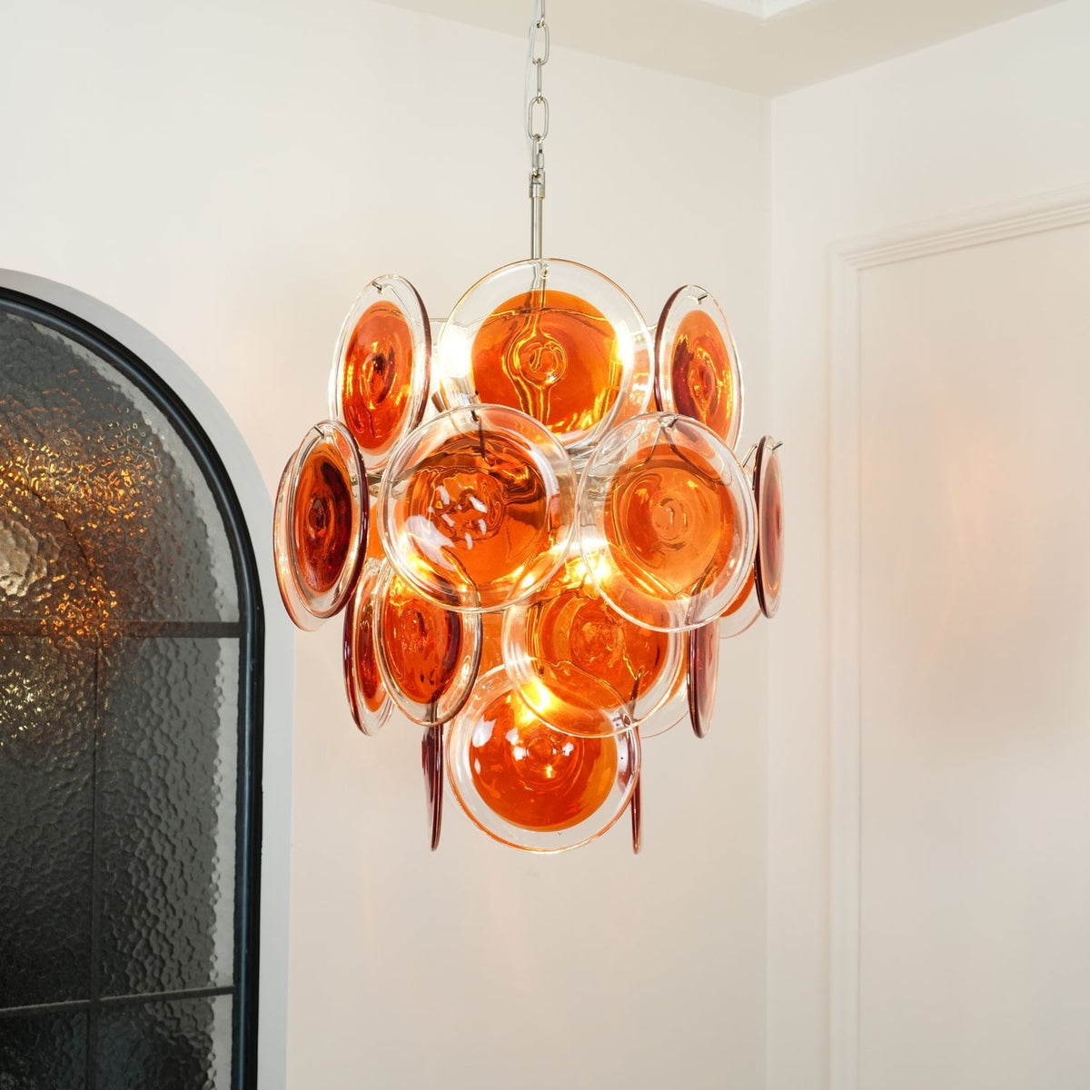 Modern Orange Glass Disc Chandelier with Nickel Frame