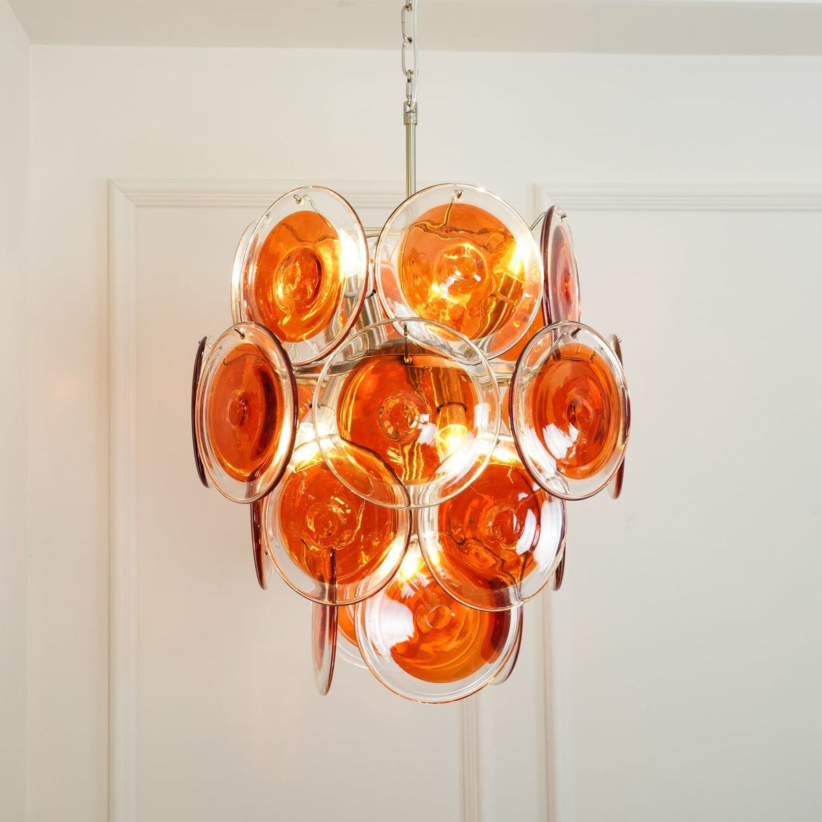 Modern Orange Glass Disc Chandelier with Nickel Frame