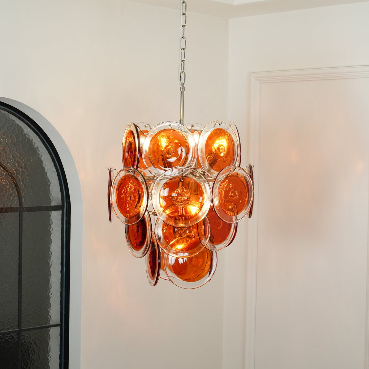 Modern Orange Glass Disc Chandelier with Nickel Frame