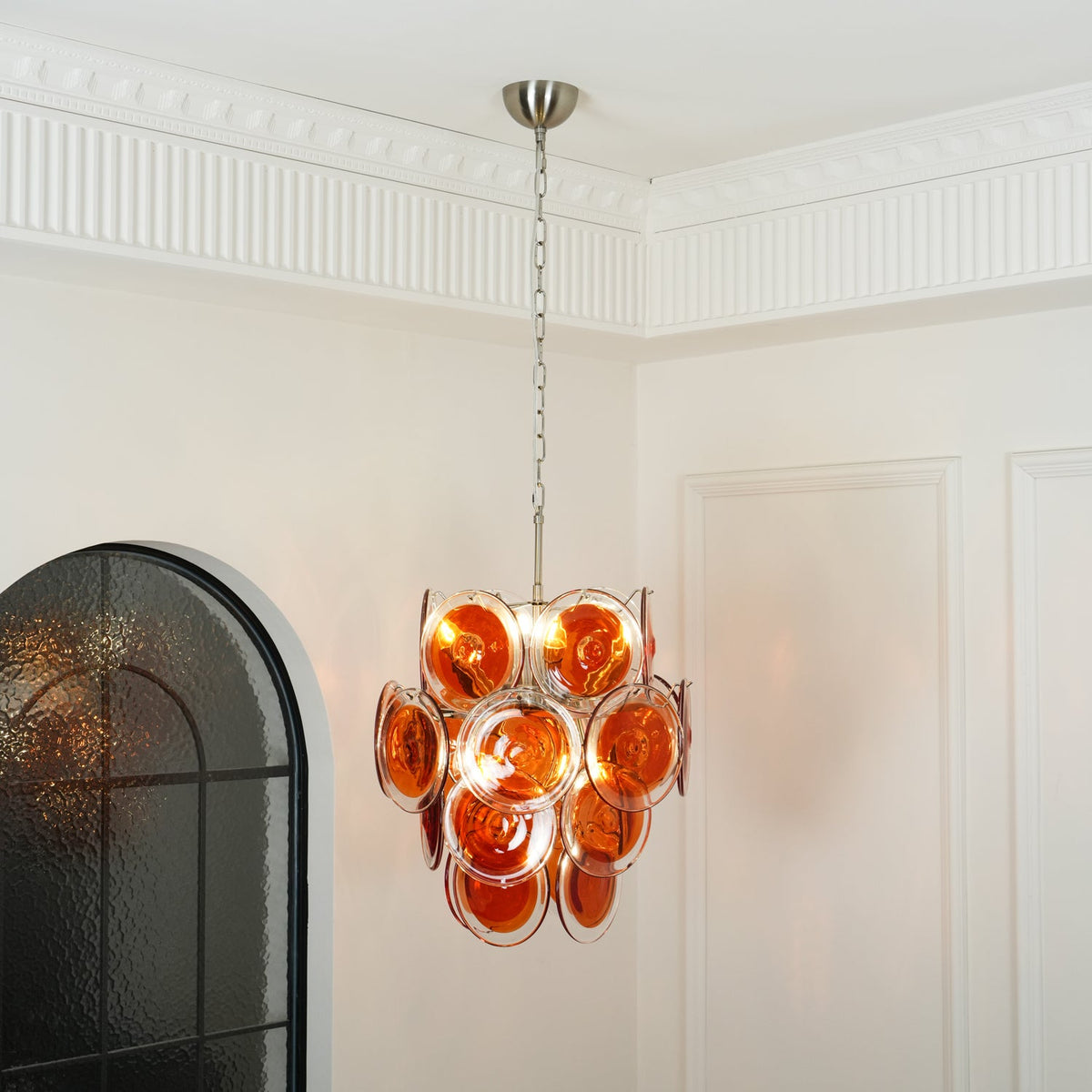 Modern Orange Glass Disc Chandelier with Nickel Frame