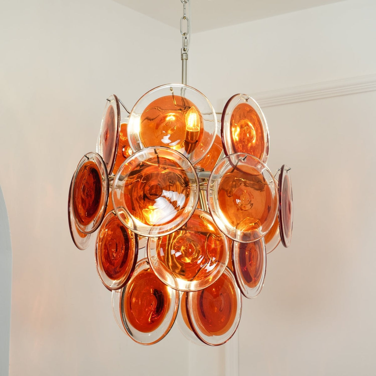 Modern Orange Glass Disc Chandelier with Nickel Frame