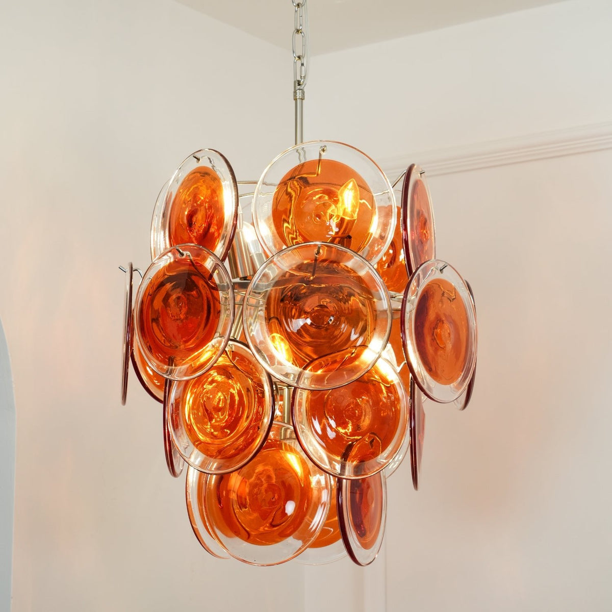 Modern Orange Glass Disc Chandelier with Nickel Frame