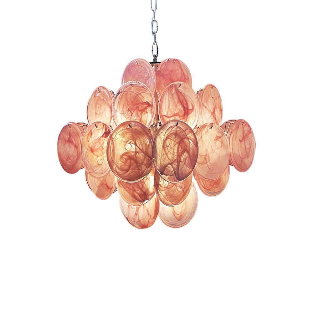 Modern Pink Glass Disc Chandelier with Nickel Frame