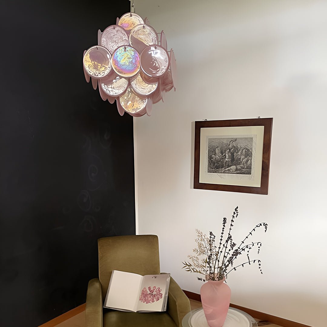 Modern Pink Glass Disc Chandelier with Nickel Frame