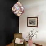 Modern Pink Glass Disc Chandelier with Nickel Frame