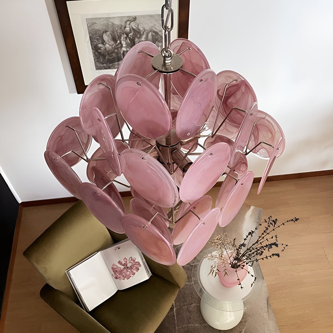 Modern Pink Glass Disc Chandelier with Nickel Frame