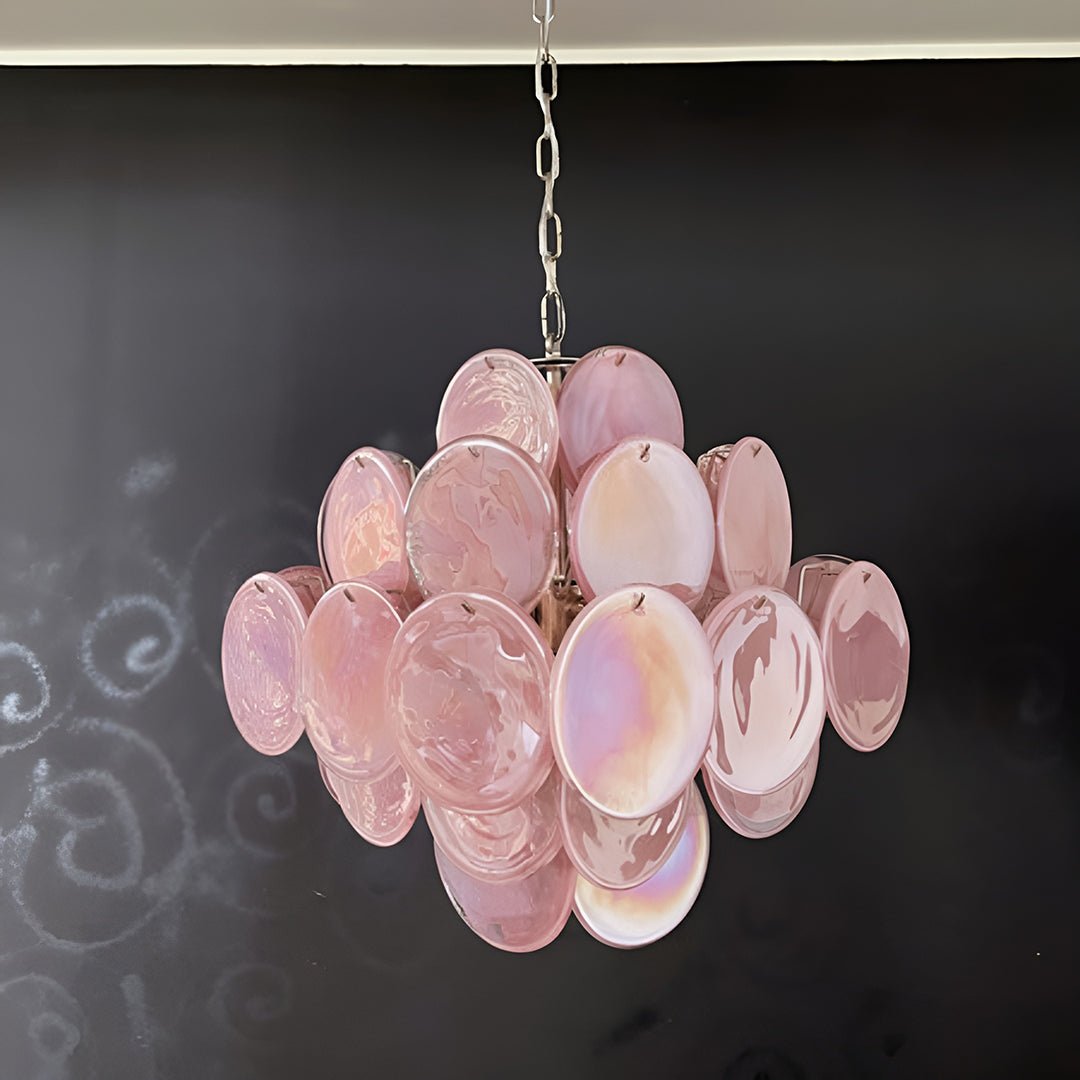 Modern Pink Glass Disc Chandelier with Nickel Frame