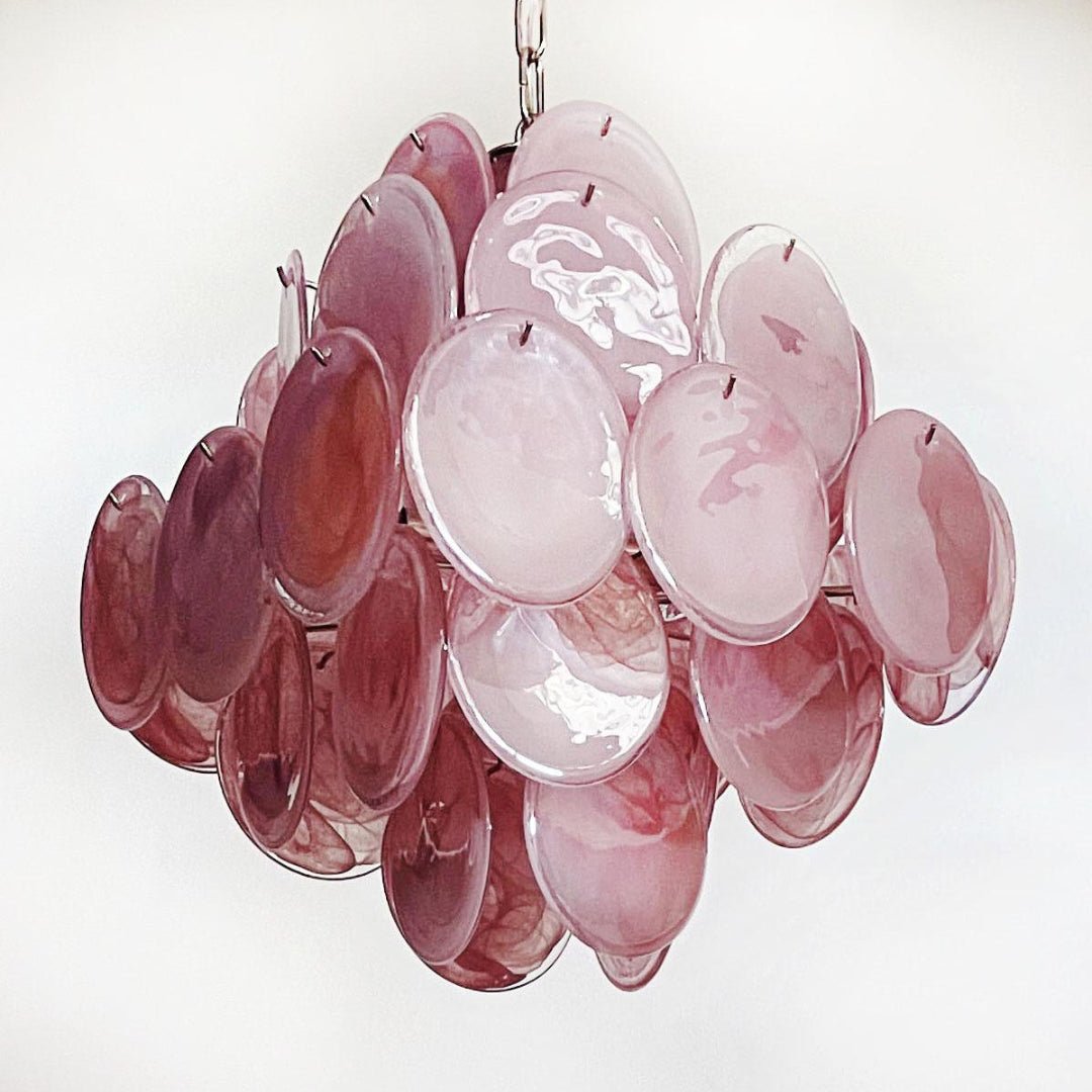 Modern Pink Glass Disc Chandelier with Nickel Frame