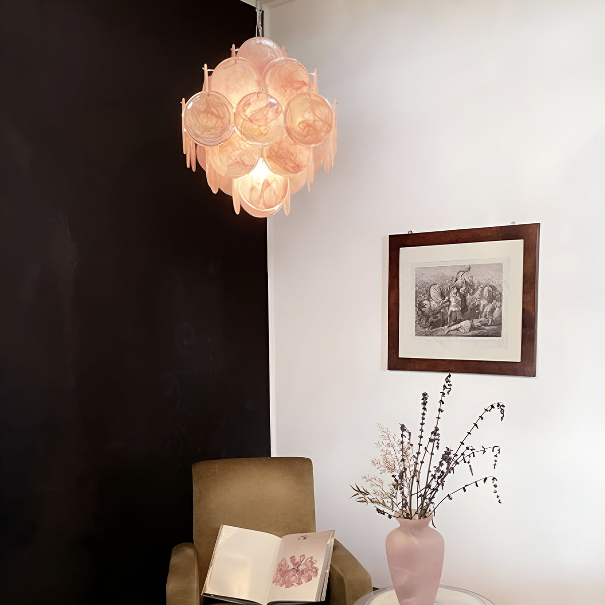 Modern Pink Glass Disc Chandelier with Nickel Frame