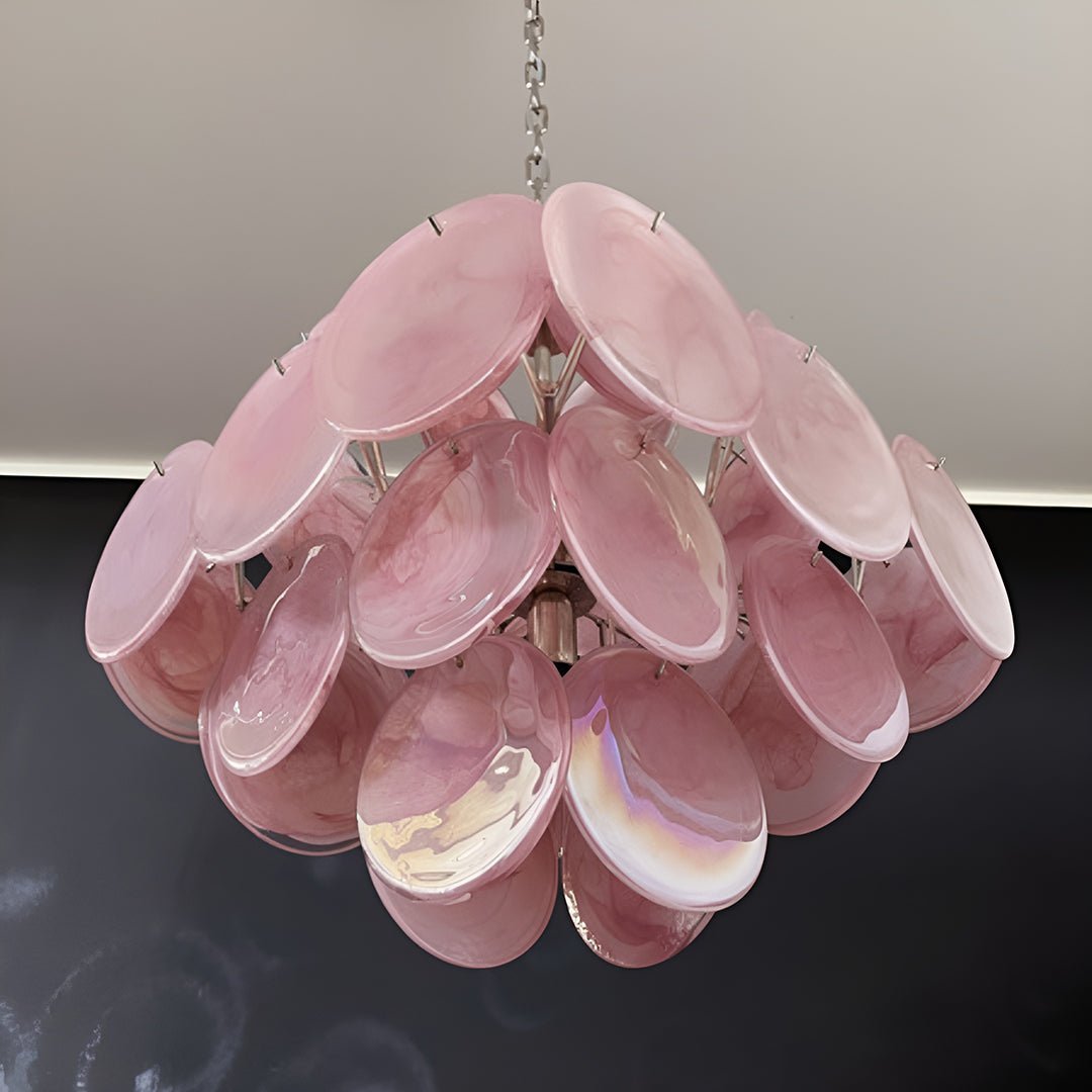Modern Pink Glass Disc Chandelier with Nickel Frame
