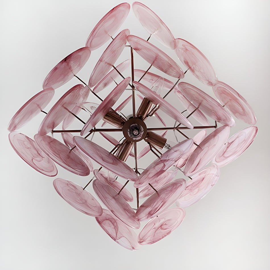 Modern Pink Glass Disc Chandelier with Nickel Frame