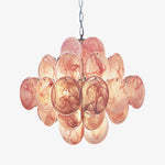 Modern Pink Glass Disc Chandelier with Nickel Frame