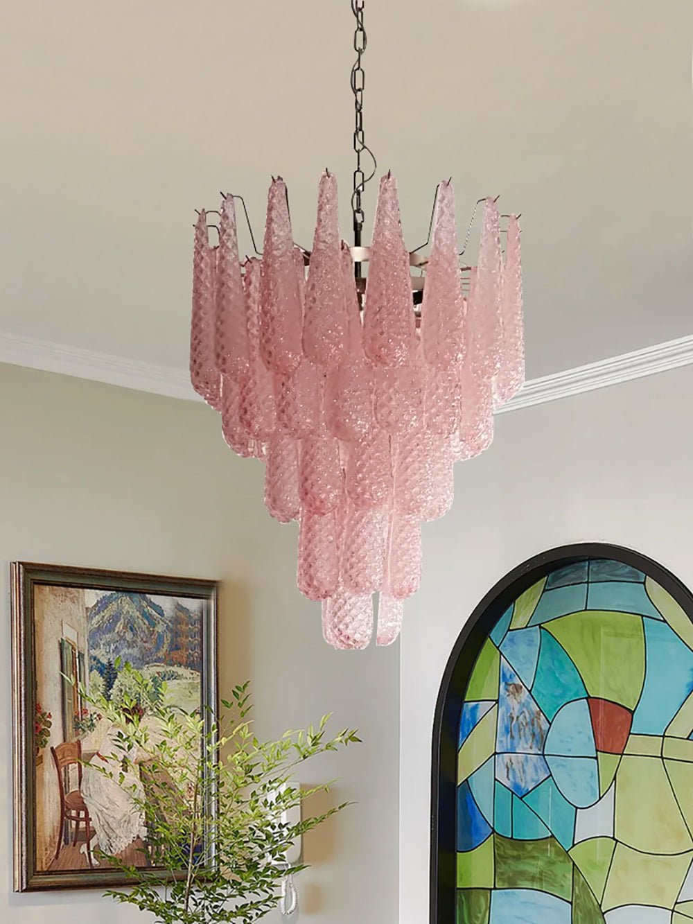 Pink Murano Glass Droplet Chandelier for Dining Room and Living Room
