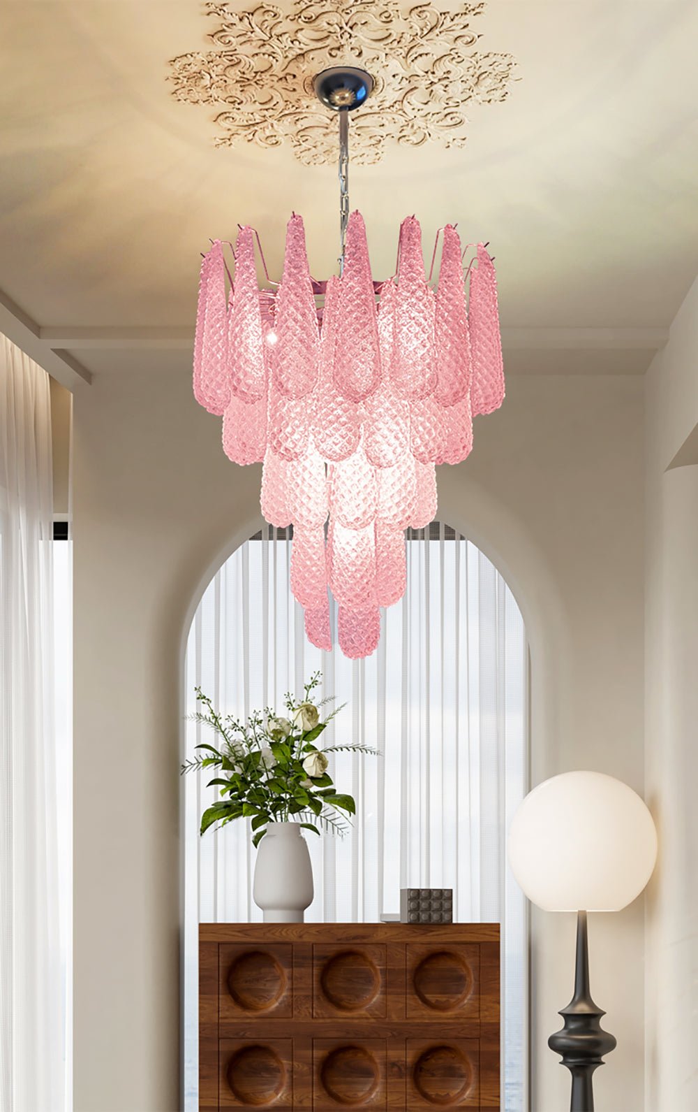 Pink Murano Glass Droplet Chandelier for Dining Room and Living Room