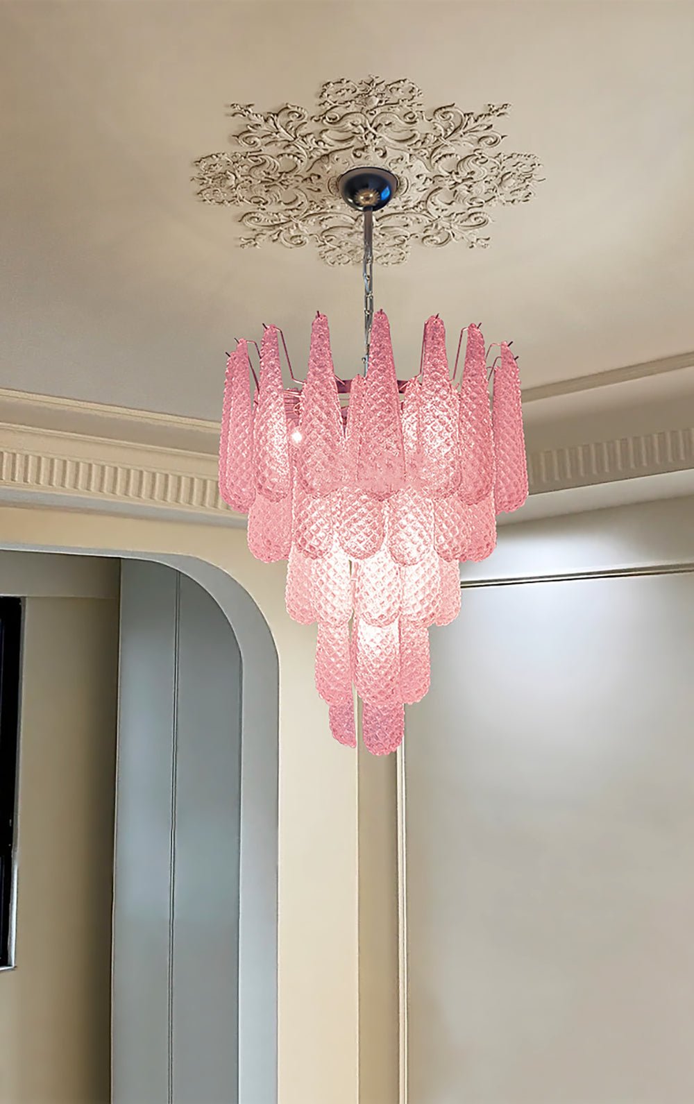 Pink Murano Glass Droplet Chandelier for Dining Room and Living Room