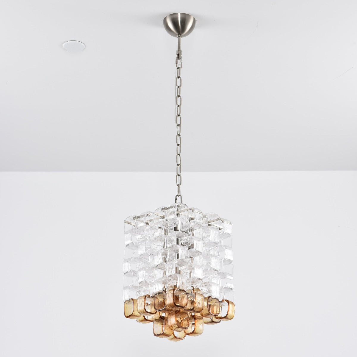 Interlocking Glass Chandelier with Amber Cups and Chrome Frame