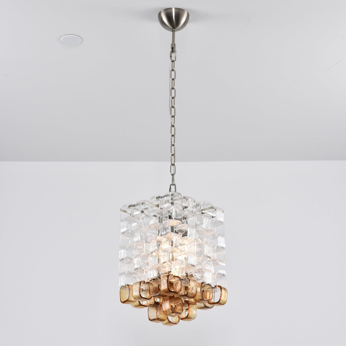 Interlocking Glass Chandelier with Amber Cups and Chrome Frame
