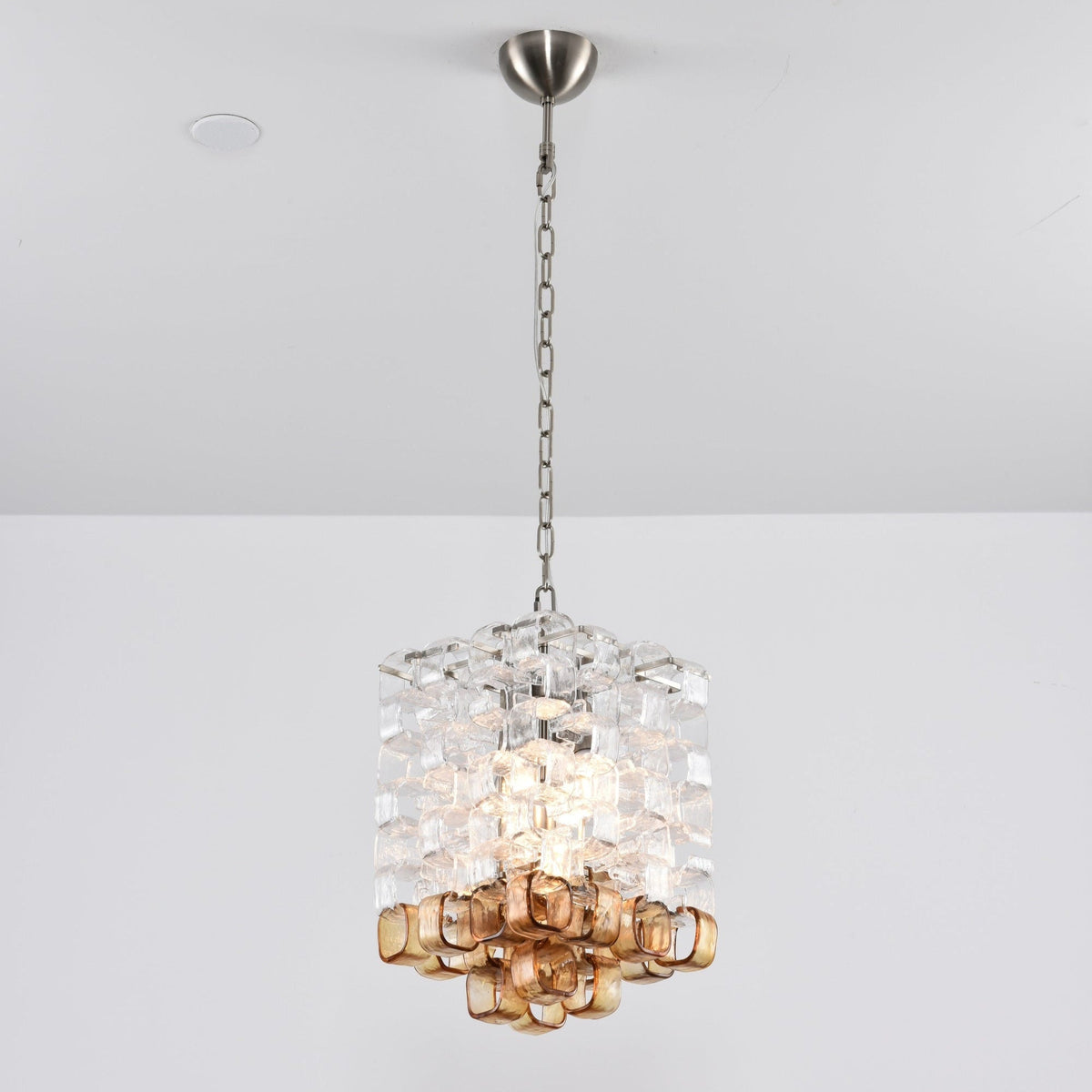 Interlocking Glass Chandelier with Amber Cups and Chrome Frame