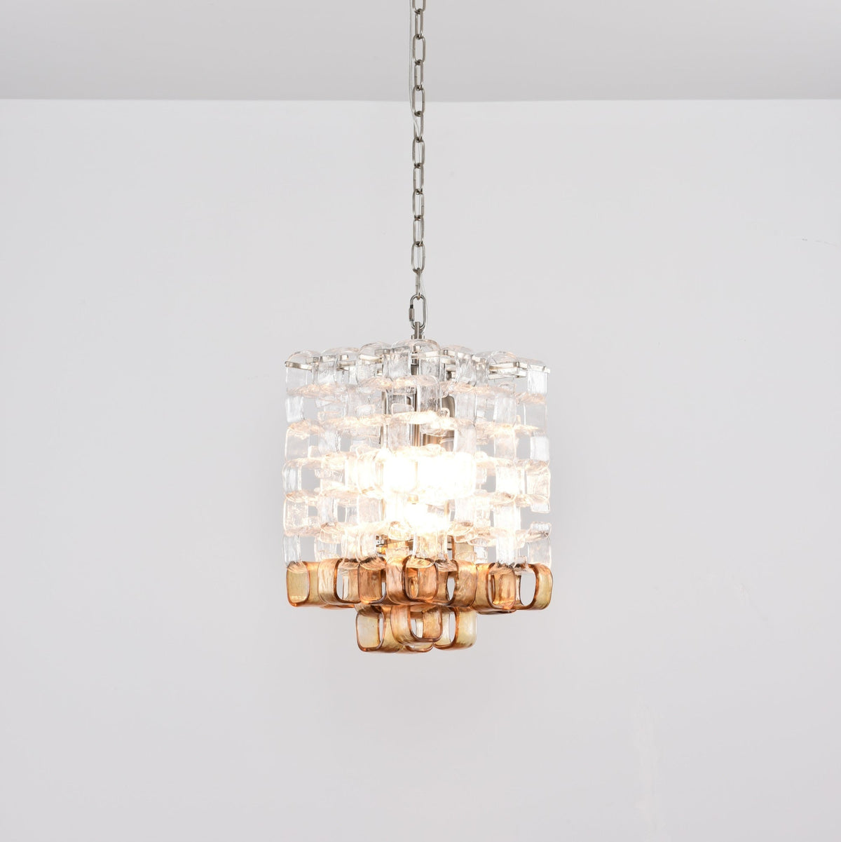 Interlocking Glass Chandelier with Amber Cups and Chrome Frame